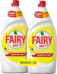 صابون سائل غسيل الأطباق فيري بلس برائحة الليمون مع قوة بديلة للمبيض، 2 × 800 مل - افضل سائل غسيل الصحون