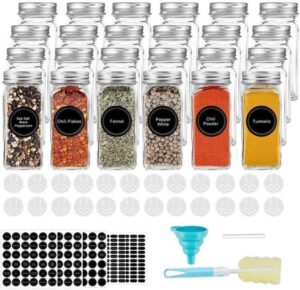 مجموعة برطمانات توابل زجاج مع ملصقات حاوية غطاء معدني وفلتر صب 24 قطعة 120 مل