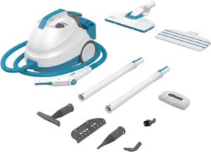منظف بخار مضغوط من بلاك اند ديكر، 2000 واط، ضغط 4 بار، خزان 1.2 لتر، رأس محوري 180 درجة، يقتل 99.9% من الجراثيم، 8 ملحقات، لجميع الأرضيات المغلقة، صديق للبيئة، أبيض/أزرق - BHSMP2008-GB (افضل مكنسة بخار للسجاد والسيراميك)