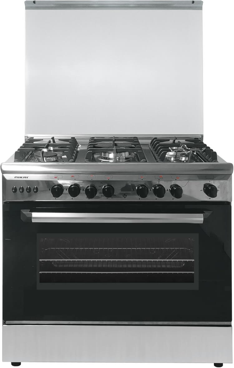 موقد غاز قائم بذاته بإشعال تلقائي مع 5 شعلات بتصميم أكواب إيطالية وهيكل من الستانلس ستيل مع فرن مزود بمروحة من نيكاي، مقاس 60 × 90، موديل U6090KE - أفضل أنواع الأفران الغاز